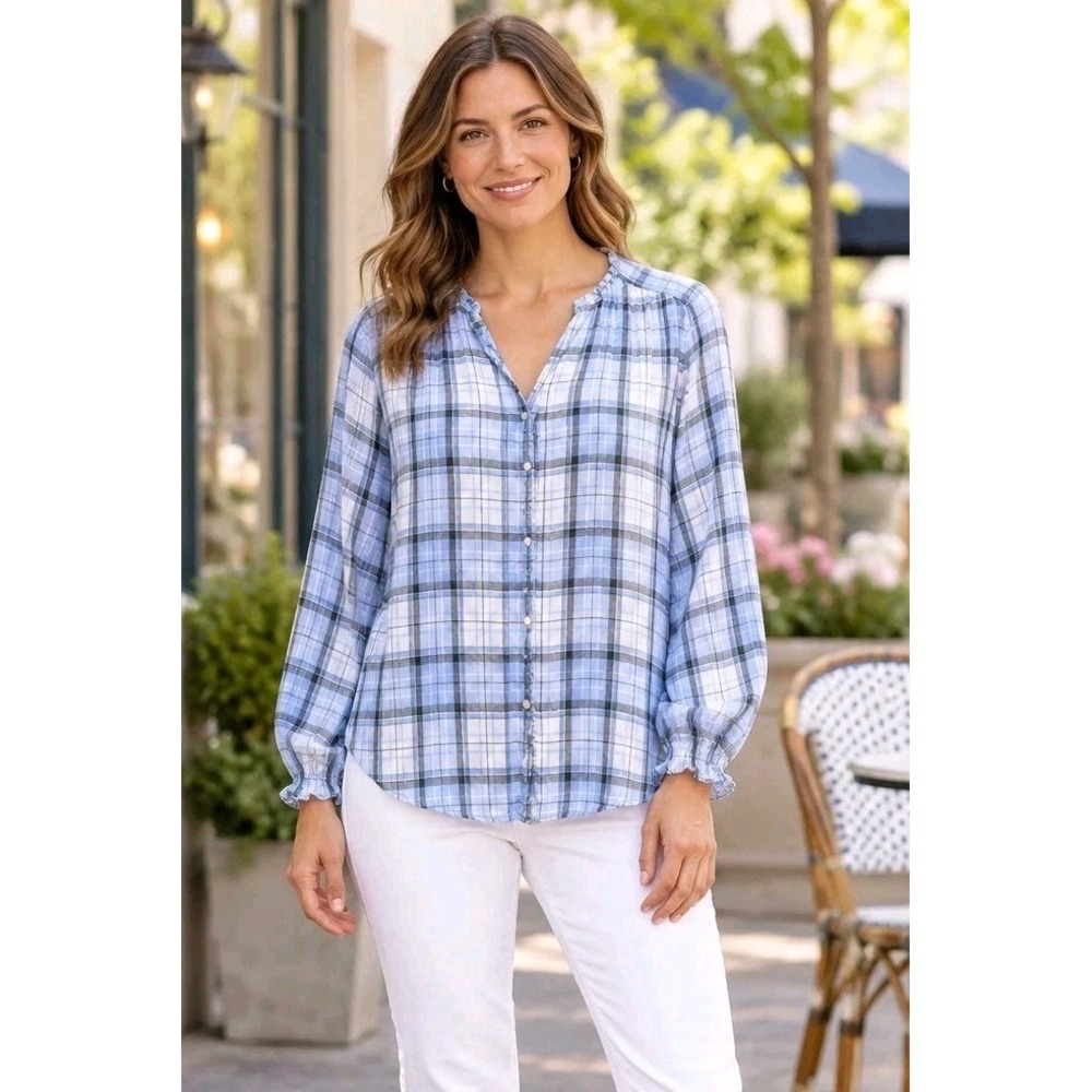 LOFT Blue White Plaid Ruffle Collar Blouse Women Large Button Front Rayon Office